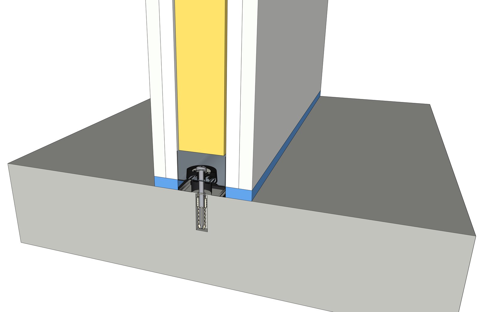 Corte da parede de drywall no ponto de fixação: Isoguia sob a guia, bucha Pflex, arruela e parafuso na laje