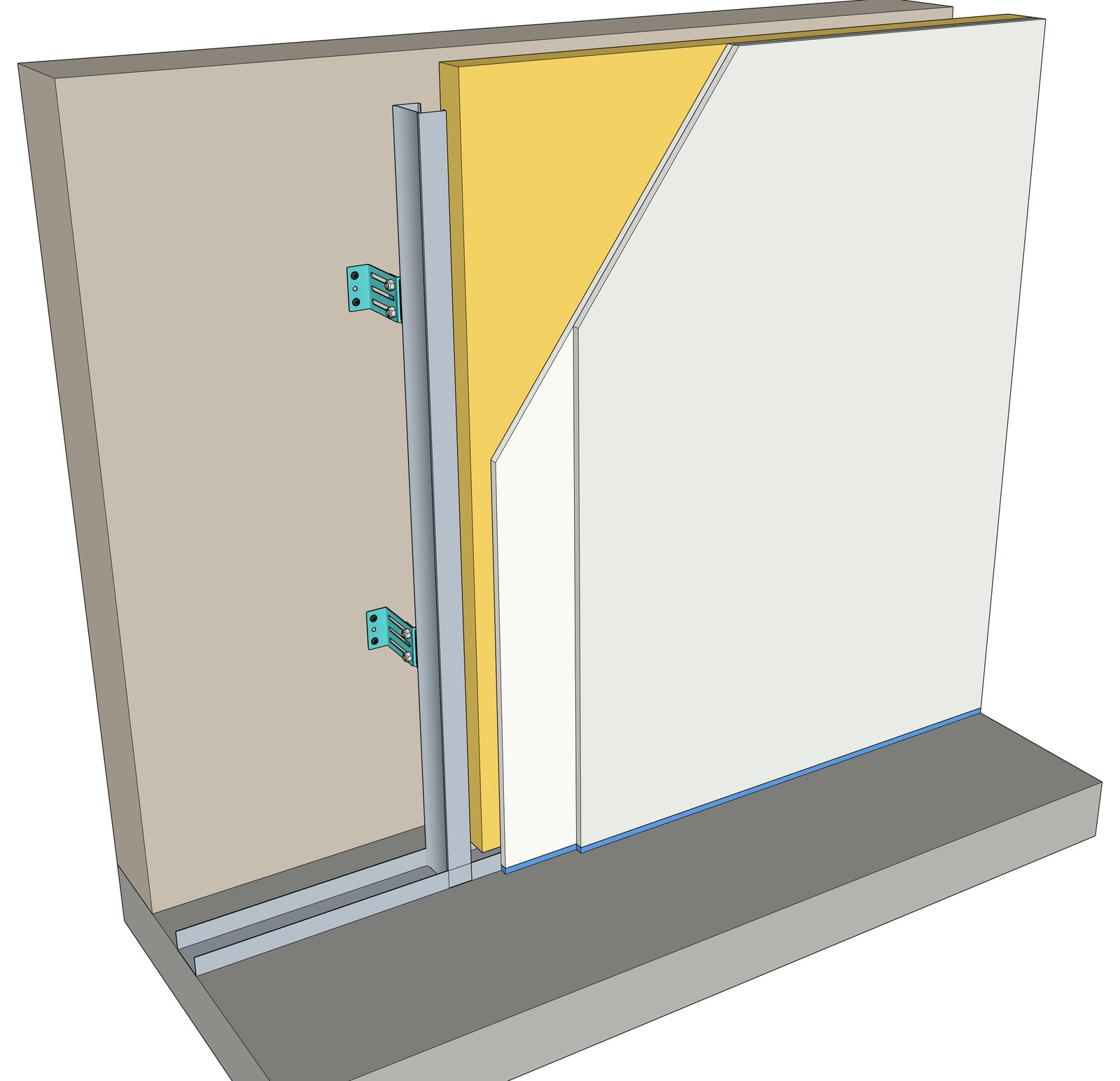Contraparede de drywall fixada na parede existente com Isowall-L: montante, lã mineral de 50 mm e duas camadas de placa de gesso