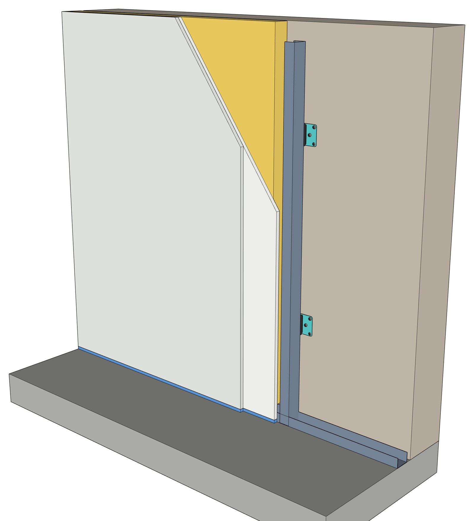Contraparede de drywall fixada na parede existente com Isowall-M: montante 48, lã mineral de 50 mm e duas camadas de placa de gesso