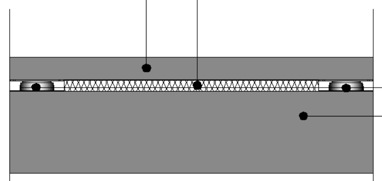 Corte da amostra ensaiada: laje de 14 cm, PAD 25x90x90, lã de rocha de 25 mm e contrapiso de 5 cm
