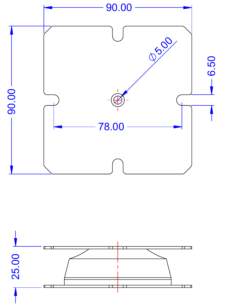 Dimensões do PAD 25x90x90: 90 x 90 mm, altura 25 mm, furo central de 5 mm